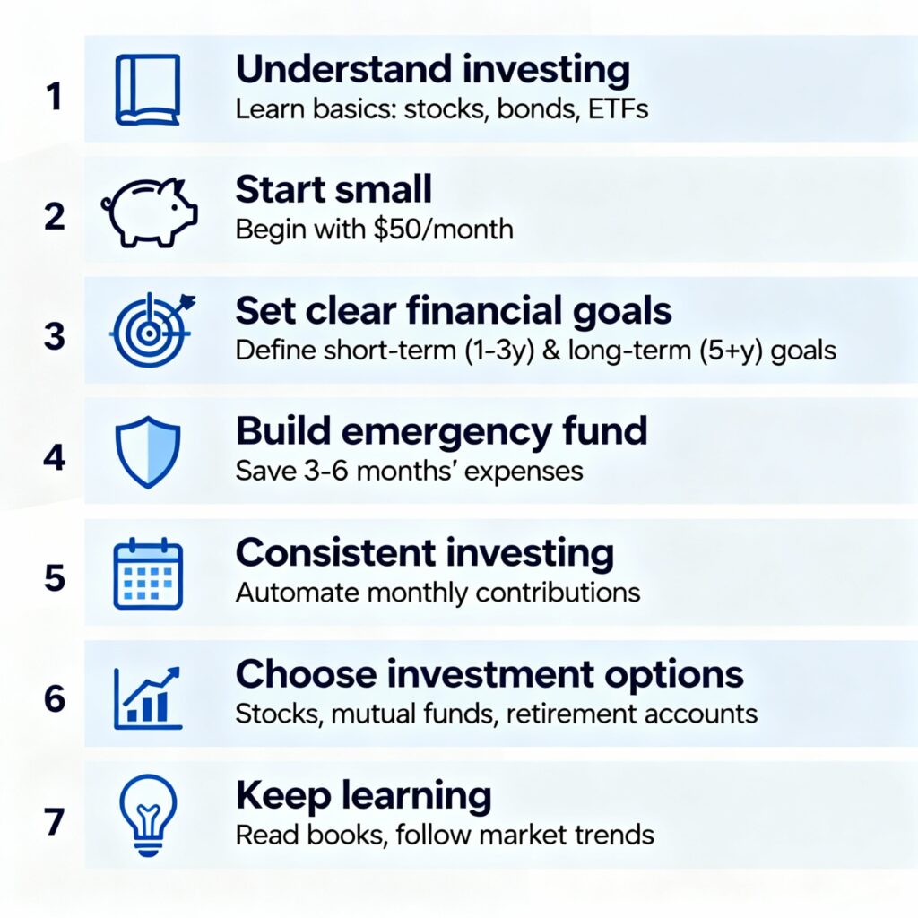7 steps or specific sections like financial goals setting or investment options